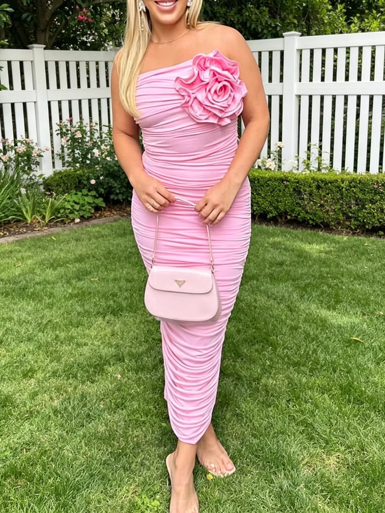 Vanessa's Flower Ruched Tube Bodycon Midi Dress Pink / M
