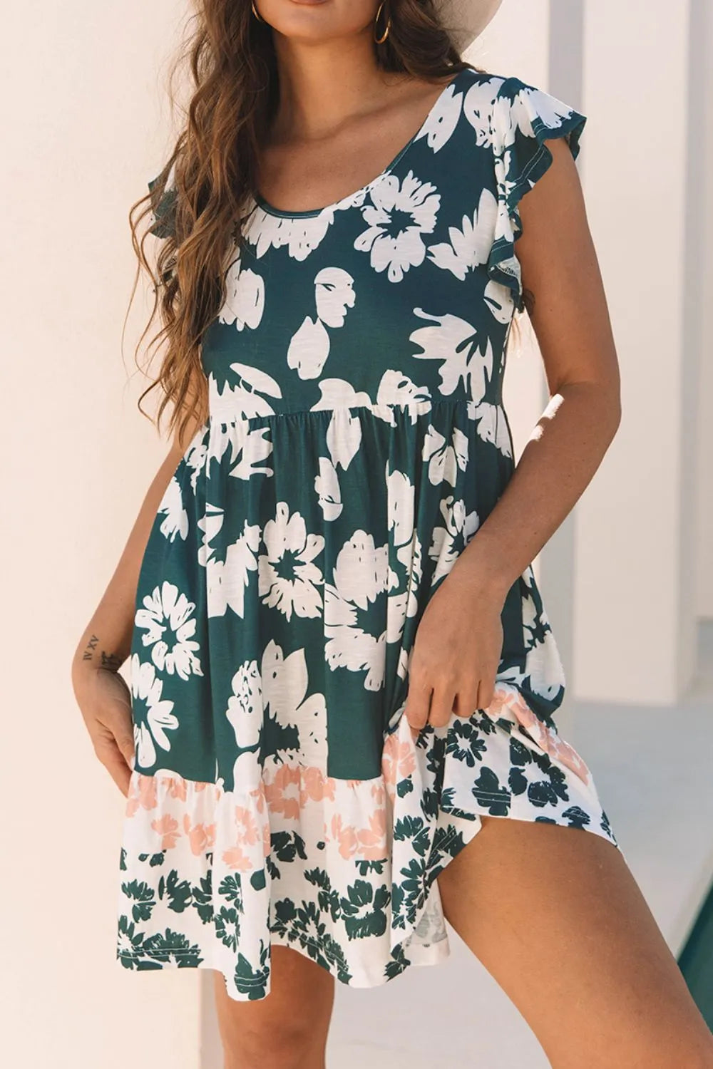 Floral Print Ruffle Sleeve Empire Waist Mini Dress - Sunny Angela Green / S Floral Print Ruffle Sleeve Empire Waist Mini Dress - Sunny Angela Green / S