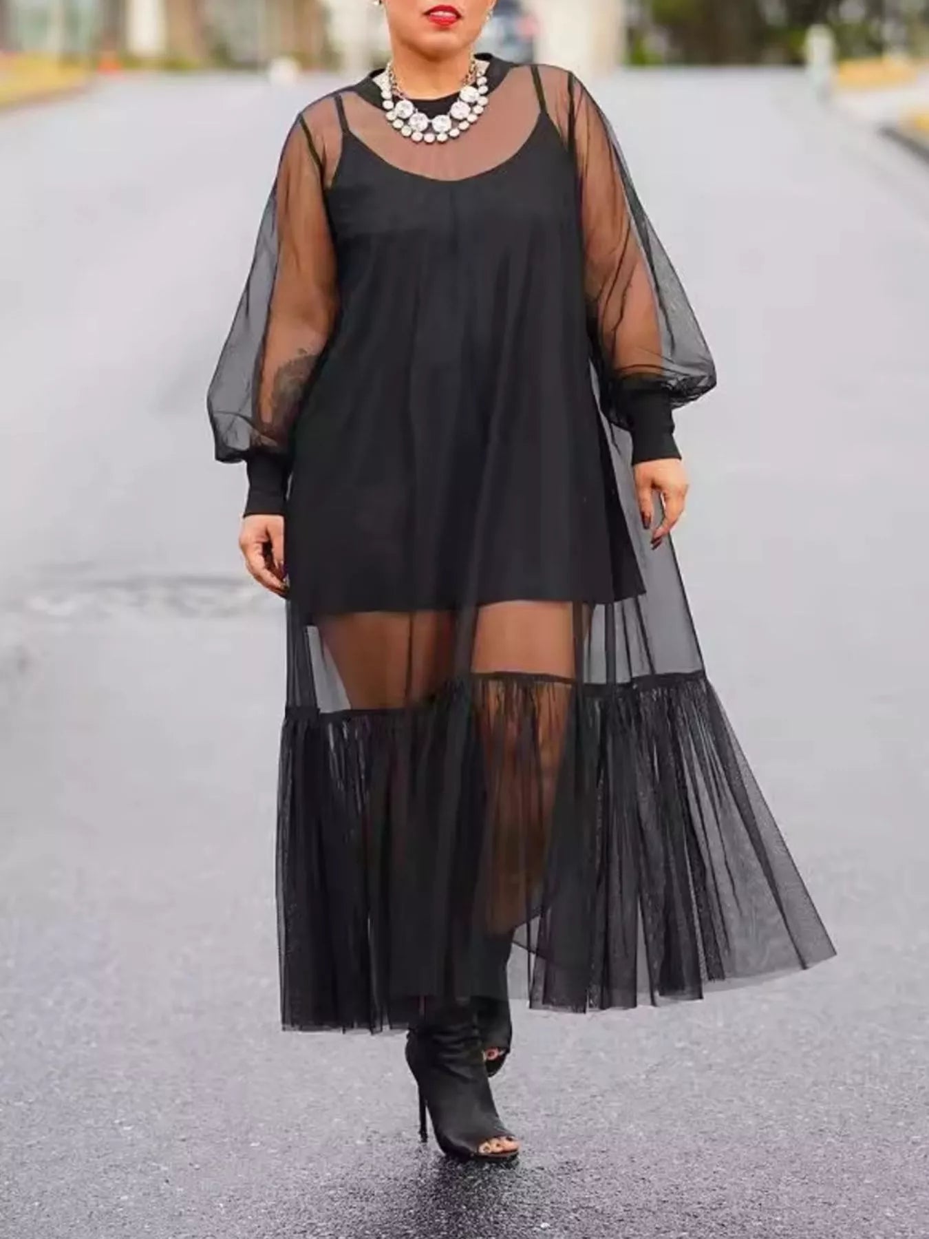Scoop Neck Cami Dress and Sheer Mesh Dress Set Blue Zone Planet Scoop Neck Cami Dress and Sheer Mesh Dress Set Blue Zone Planet