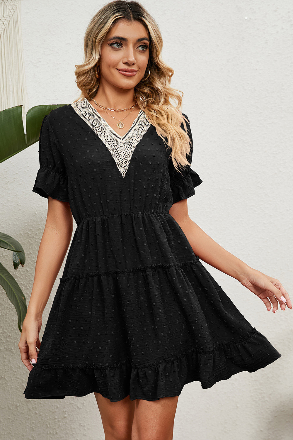 Blue Zone Planet | Swiss Dot V-Neck Flounce Sleeve Mini Dress BLUE ZONE PLANET