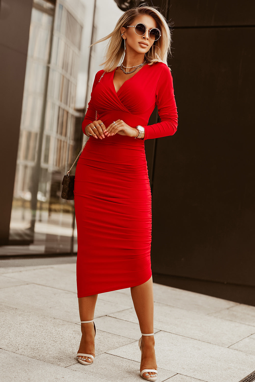 Blue Zone Planet | Fiery Red Long Sleeves Wrap V Neck Ruched Sheath Bodycon Dress Blue Zone Planet