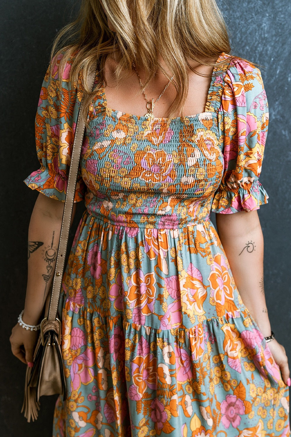 Blue Zone Planet | Smocked Printed Short Sleeve Dress BLUE ZONE PLANET