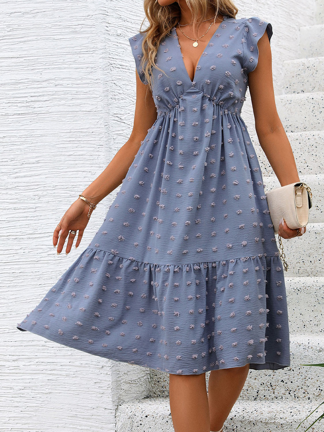 Blue Zone Planet | Swiss Dot V-Neck Cap Sleeve Dress BLUE ZONE PLANET