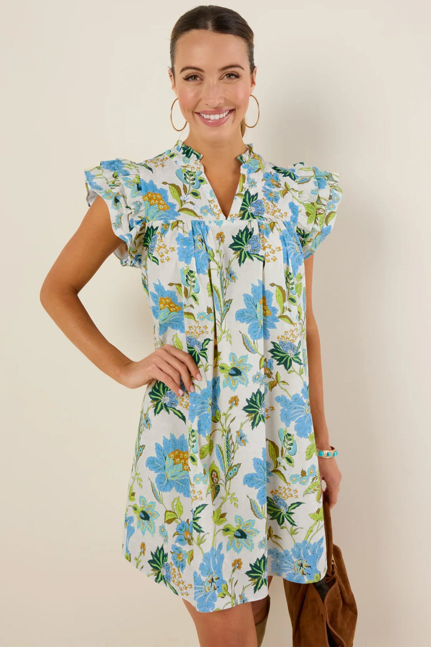 Beige Floral Print V Neck Triple Ruffle Short Sleeve Shift Mini Dress