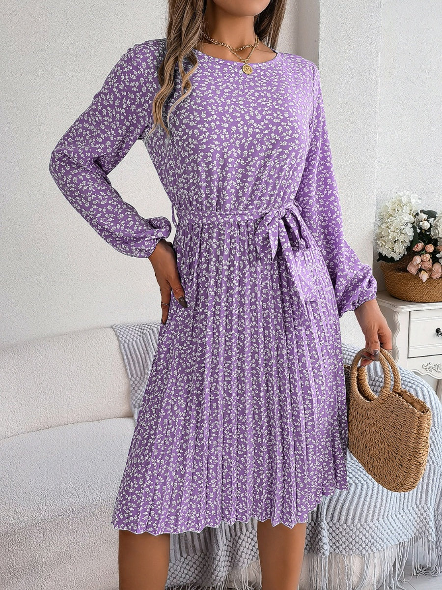 Ditsy Floral Tie Waist Pleated Dress BLUE ZONE PLANET