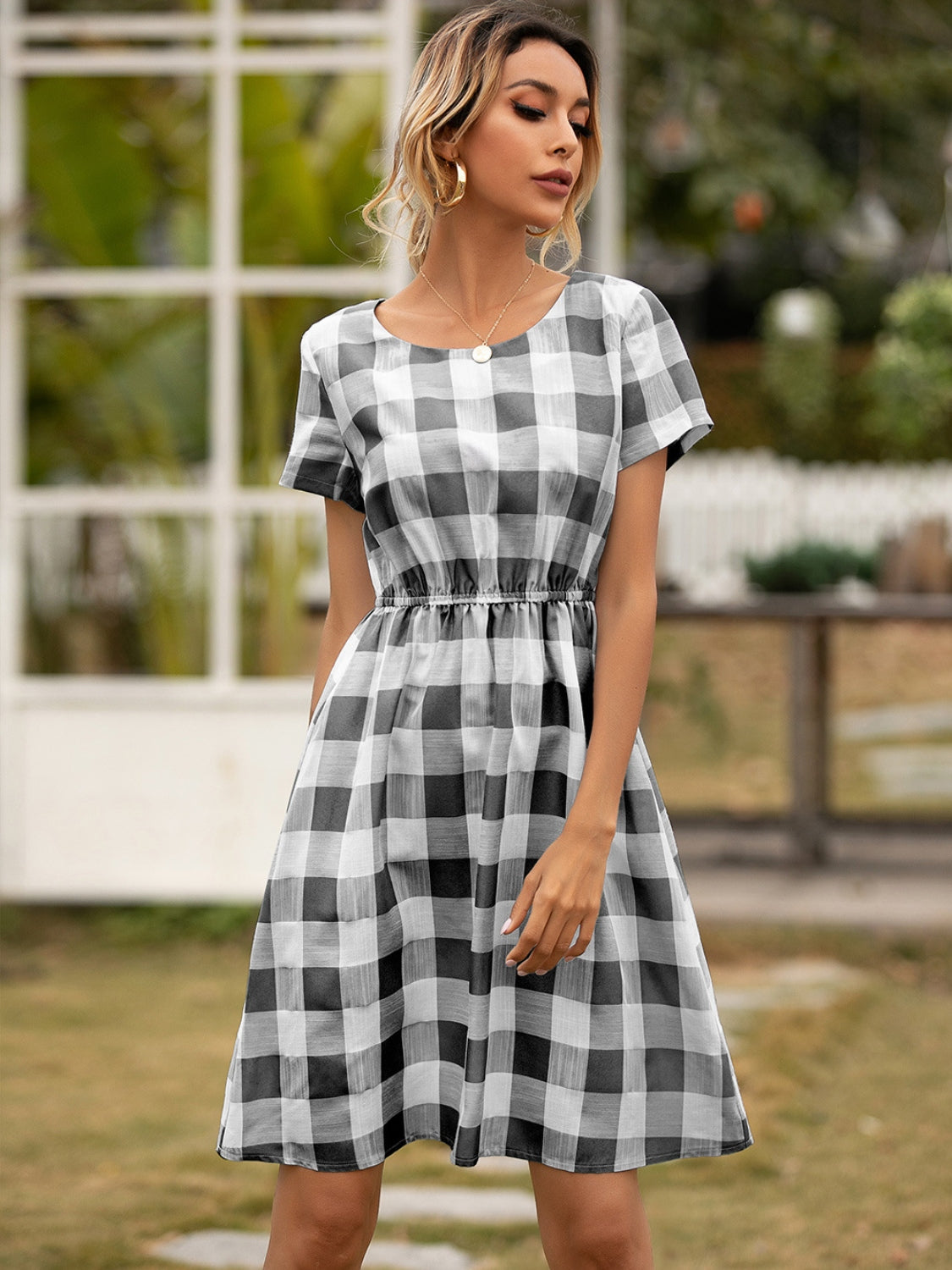 Blue Zone Planet | Smocked Plaid Round Neck Short Sleeve Dress BLUE ZONE PLANET