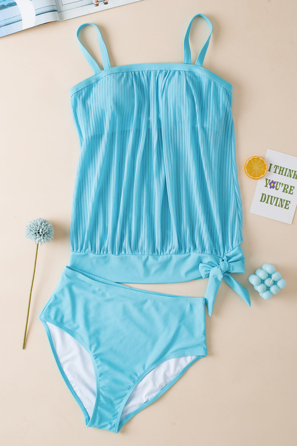 Turquoise Striped Mesh Knotted Hem Tankini Swimsuit Blue Zone Planet