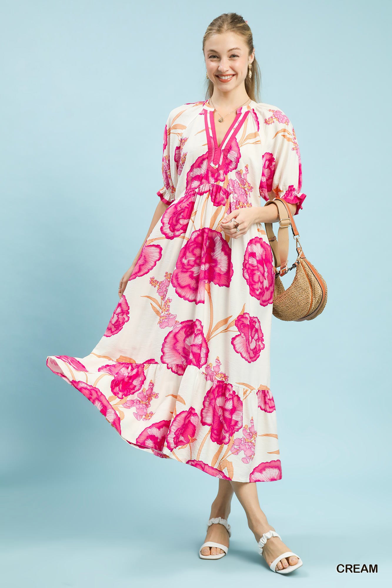Umgee Floral Print Midi Dress with Contrast Trim CREAM / L