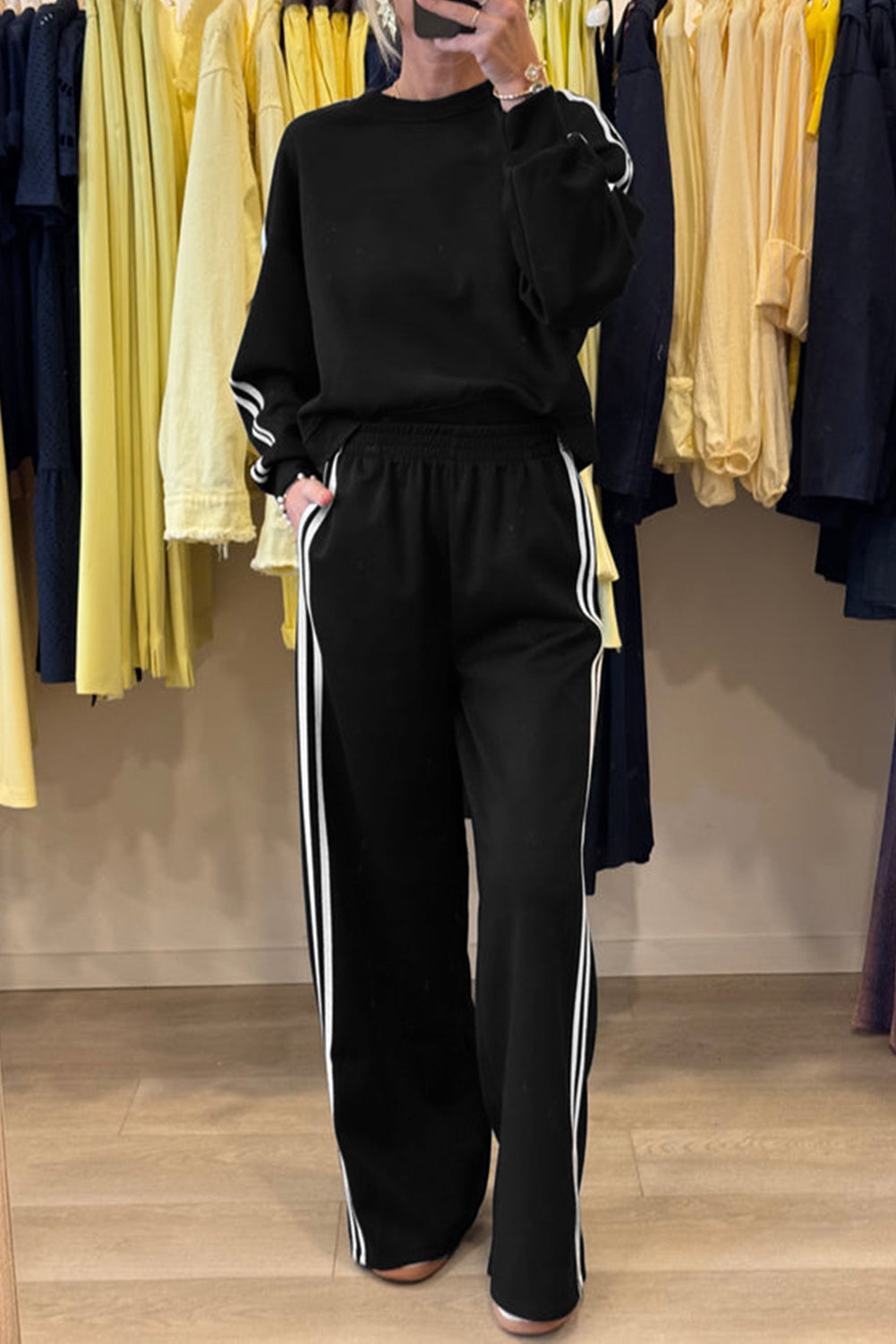 Gray Morn Varsity Striped Detail Crewneck Pullover Elastic Sweatpants 2pcs Outfit