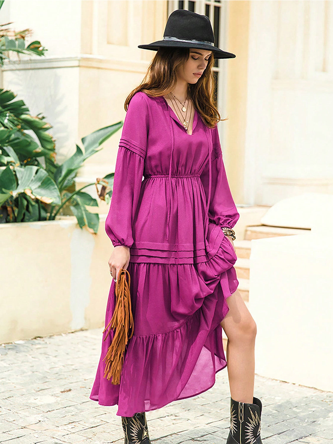 Tie Neck Long Sleeve Midi Tiered Dress BLUE ZONE PLANET