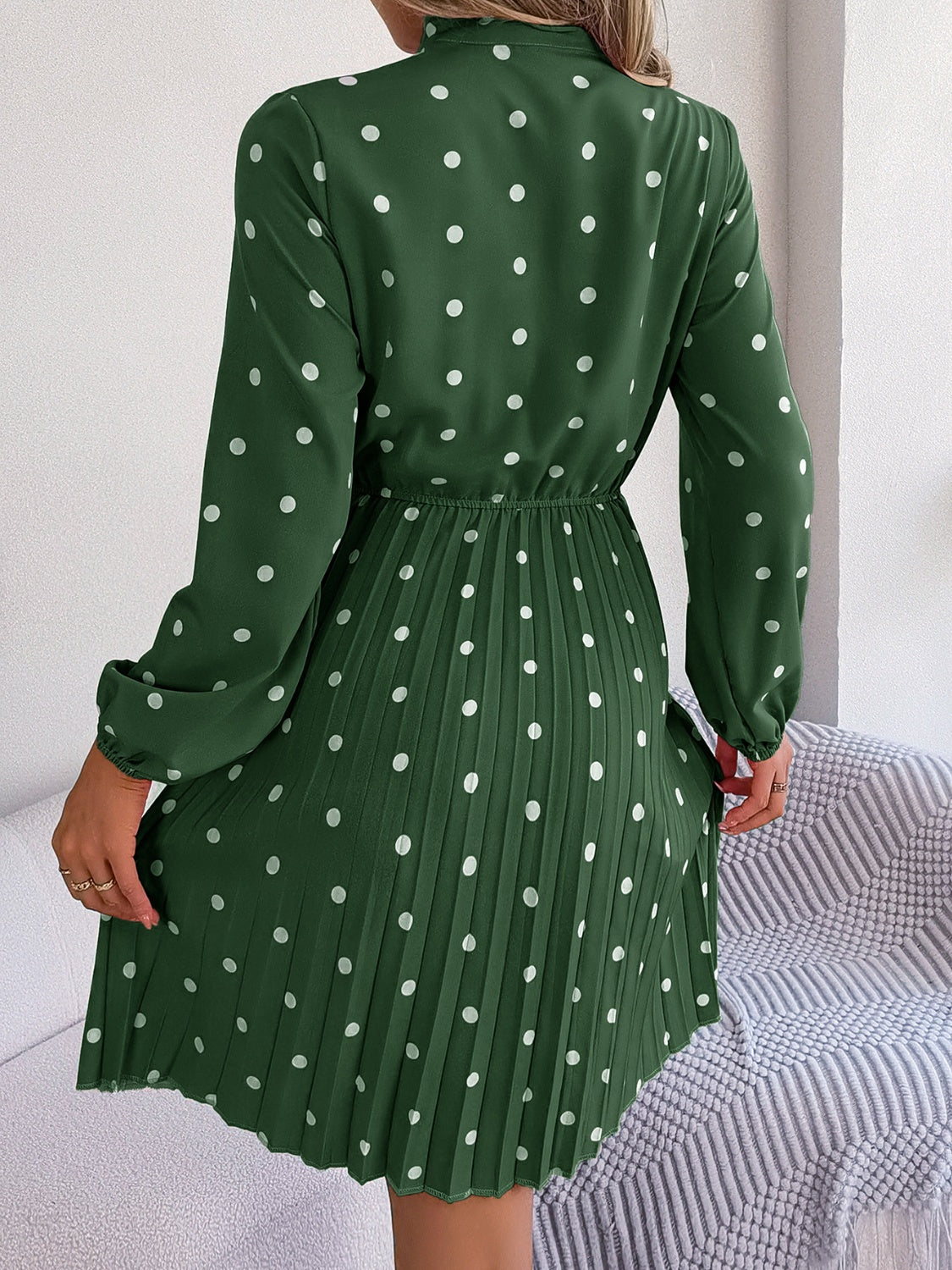 Polka Dot Tie Neck Pleated Dress BLUE ZONE PLANET