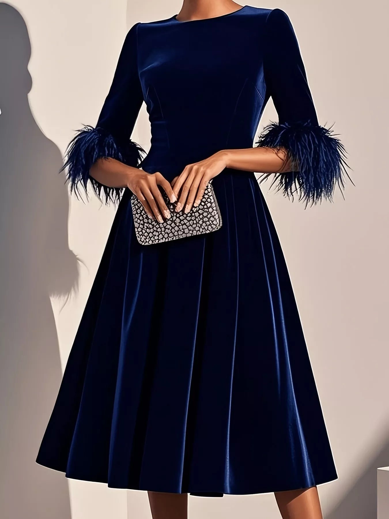 Velvet Midi Dress with Feather Cuffs – Blue Zone Planet