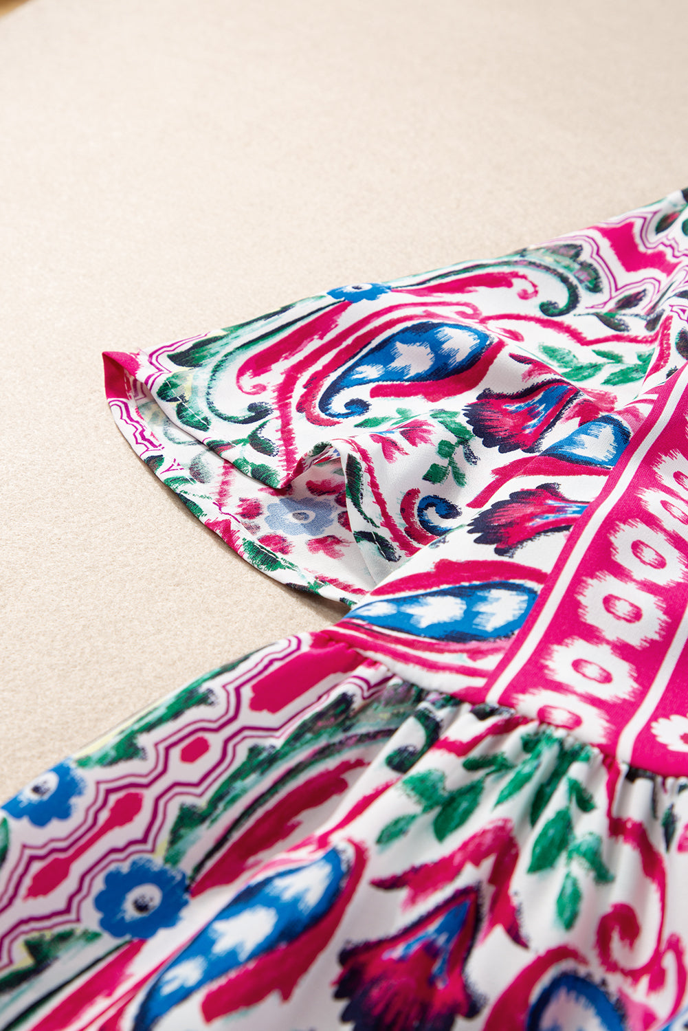 Blue Zone Planet | Pink Bohemian Print Tie Neck Ruffle Hem Short Dress Blue Zone Planet