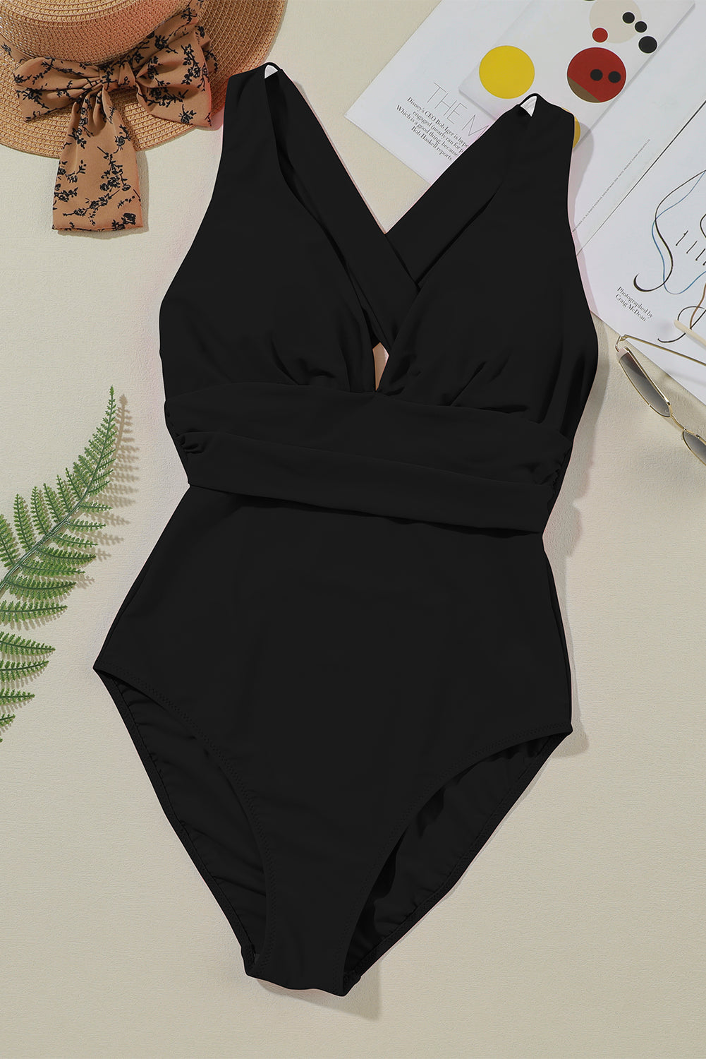 Black Deep V Neck Crossover Backless Ruched High Cut Monokini Blue Zone Planet