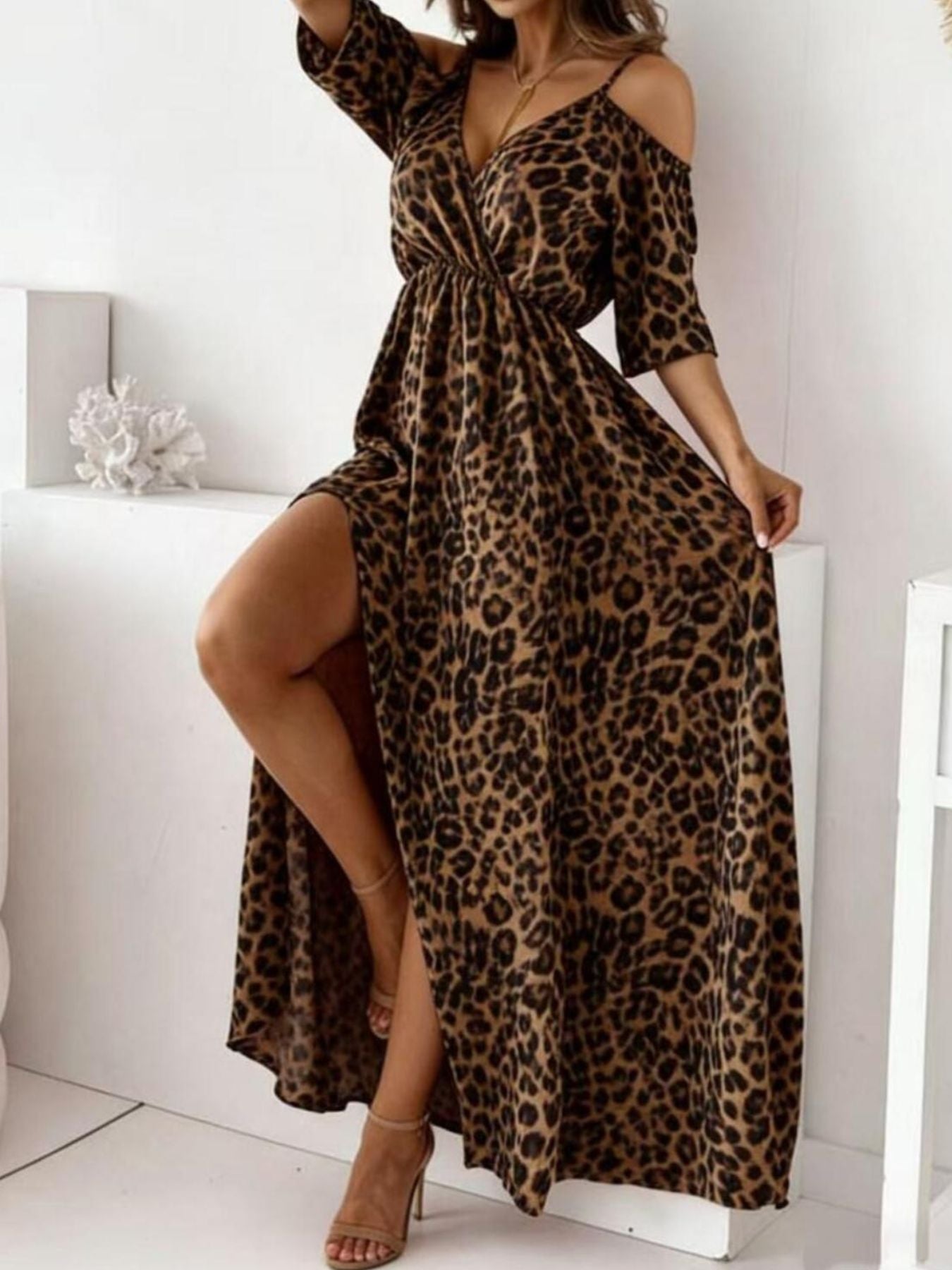 blue leopard maxi dress Leopard Print 3/4 Sleeves Cold Shoulder Slit Maxi Dress, White Leopard / S