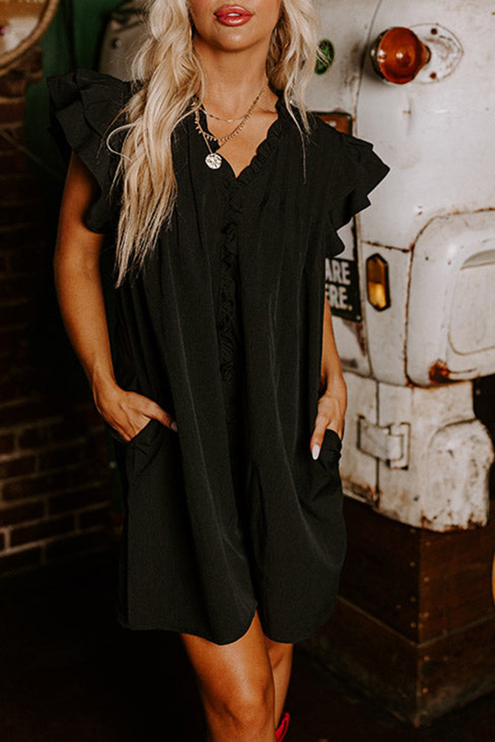 Blue Zone Planet | Black Ruffle Sleeve V Neck Frilled Shift Dress Blue Zone Planet