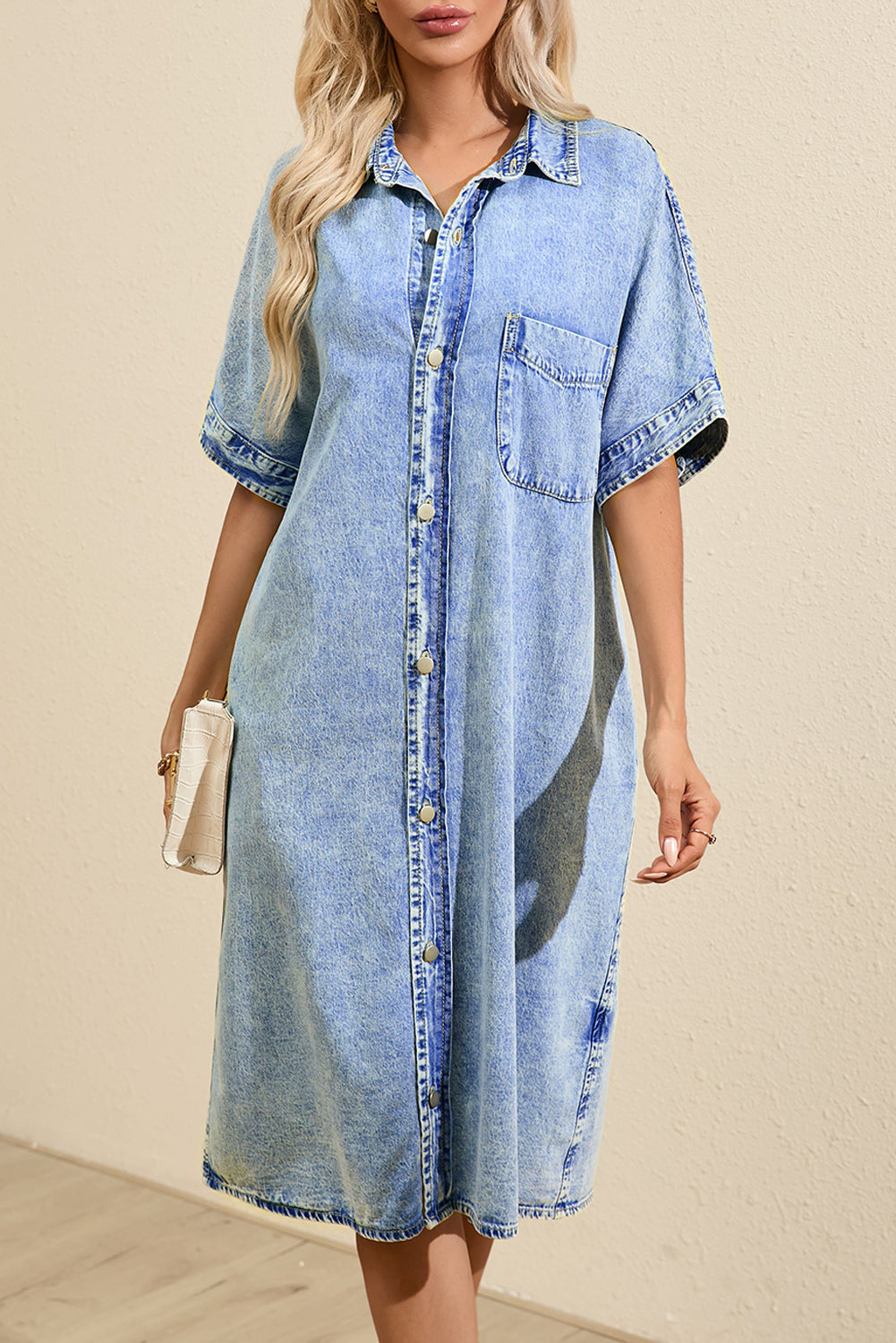 Light Blue Loose Medium Wash Short Sleeve Shirt Chambray Dress Blue Zone Planet