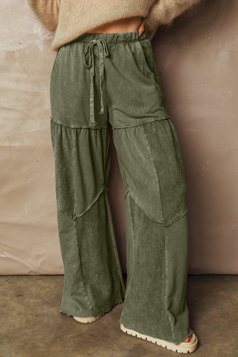 Black Mineral Wash Tiered Wide Leg Patchwork Drawstring Pants