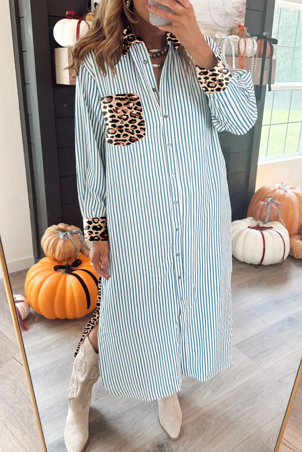 maxi button down shirt dress Sky Blue Stripe Contrast Leopard Patchwork Long Shirt Dress with Slits Sky Blue Stripe / S / 100%Polyester by Blue Zone Planet