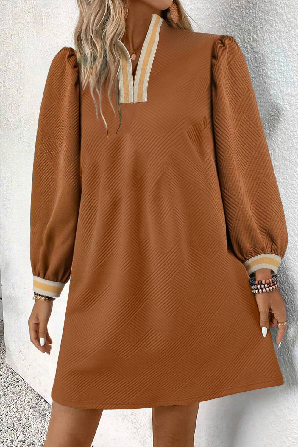 Sunny Angela Women's Textured Striped Patchwork Split Neck Long Sleeve Mini Dress - Sunny Chestnut / S Sunny Angela Women's Textured Striped Patchwork Split Neck Long Sleeve Mini Dress - Sunny Chestnut / S