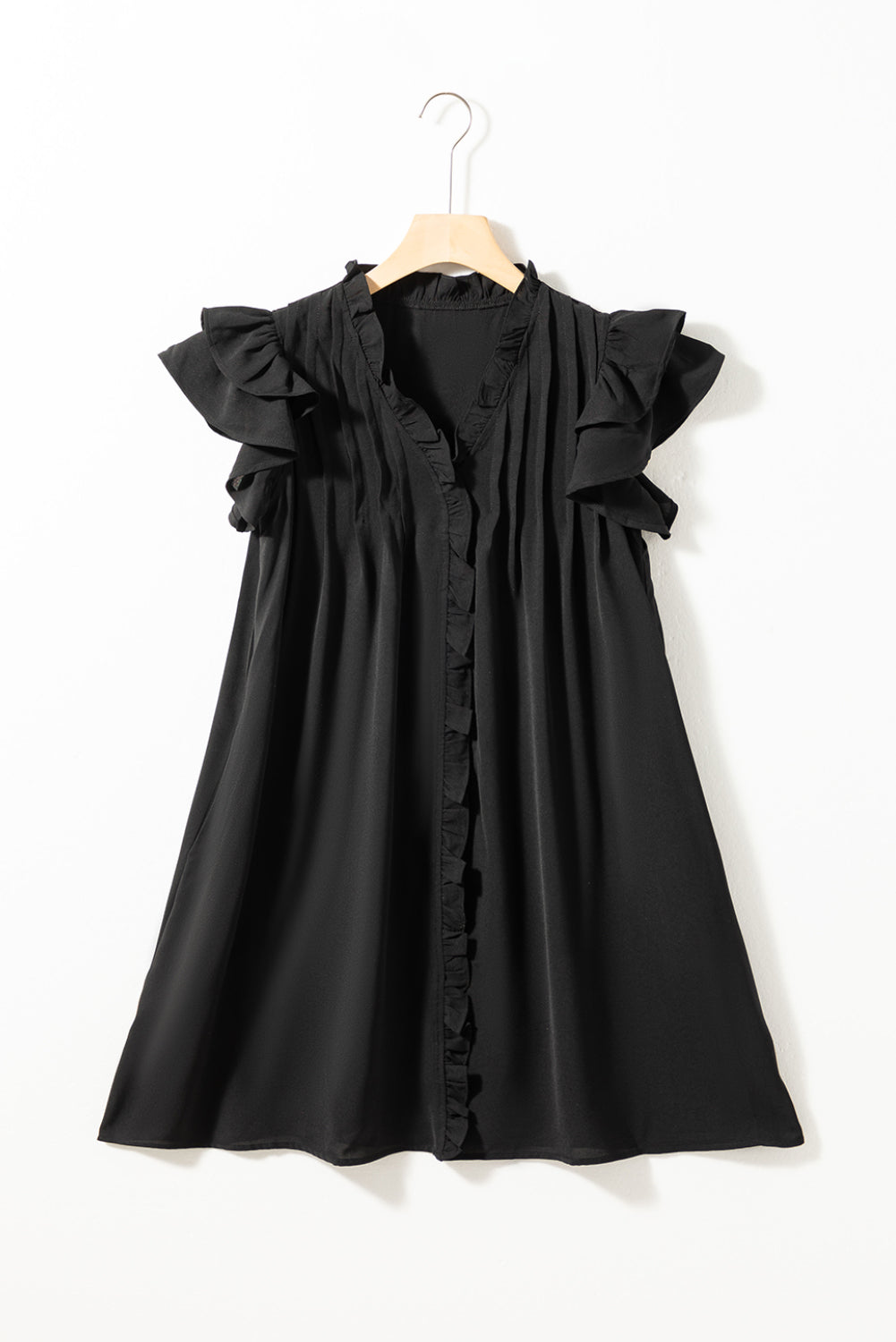 Blue Zone Planet | Black Ruffle Sleeve V Neck Frilled Shift Dress Blue Zone Planet