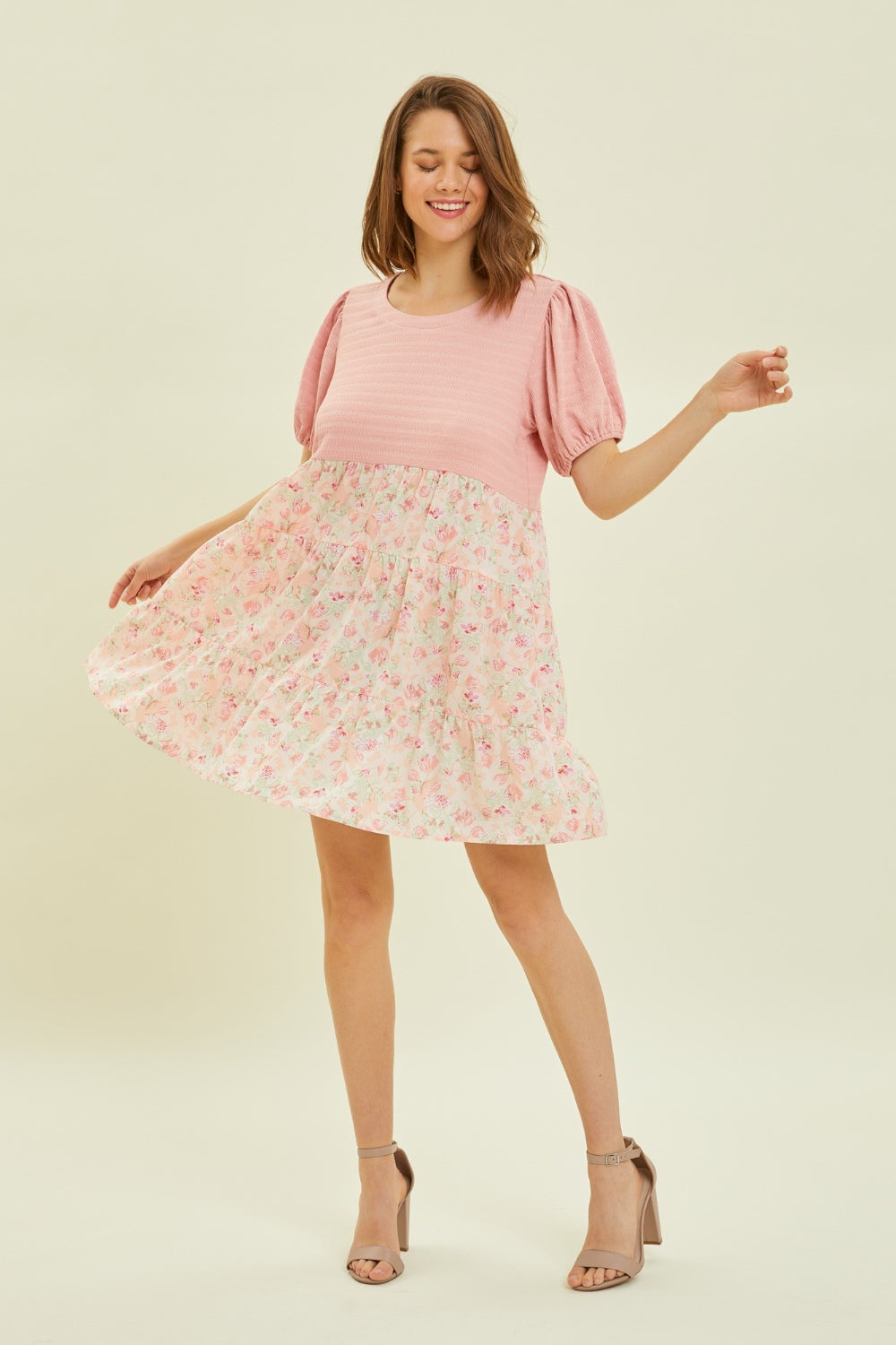 HEYSON Full Size Round Neck Floral Ruffle Hem Mini Dress BLUE ZONE PLANET