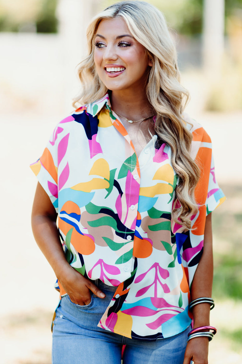 Blue Zone Planet | Multicolour Abstract Leafy Print Short Sleeve Shirt Blue Zone Planet