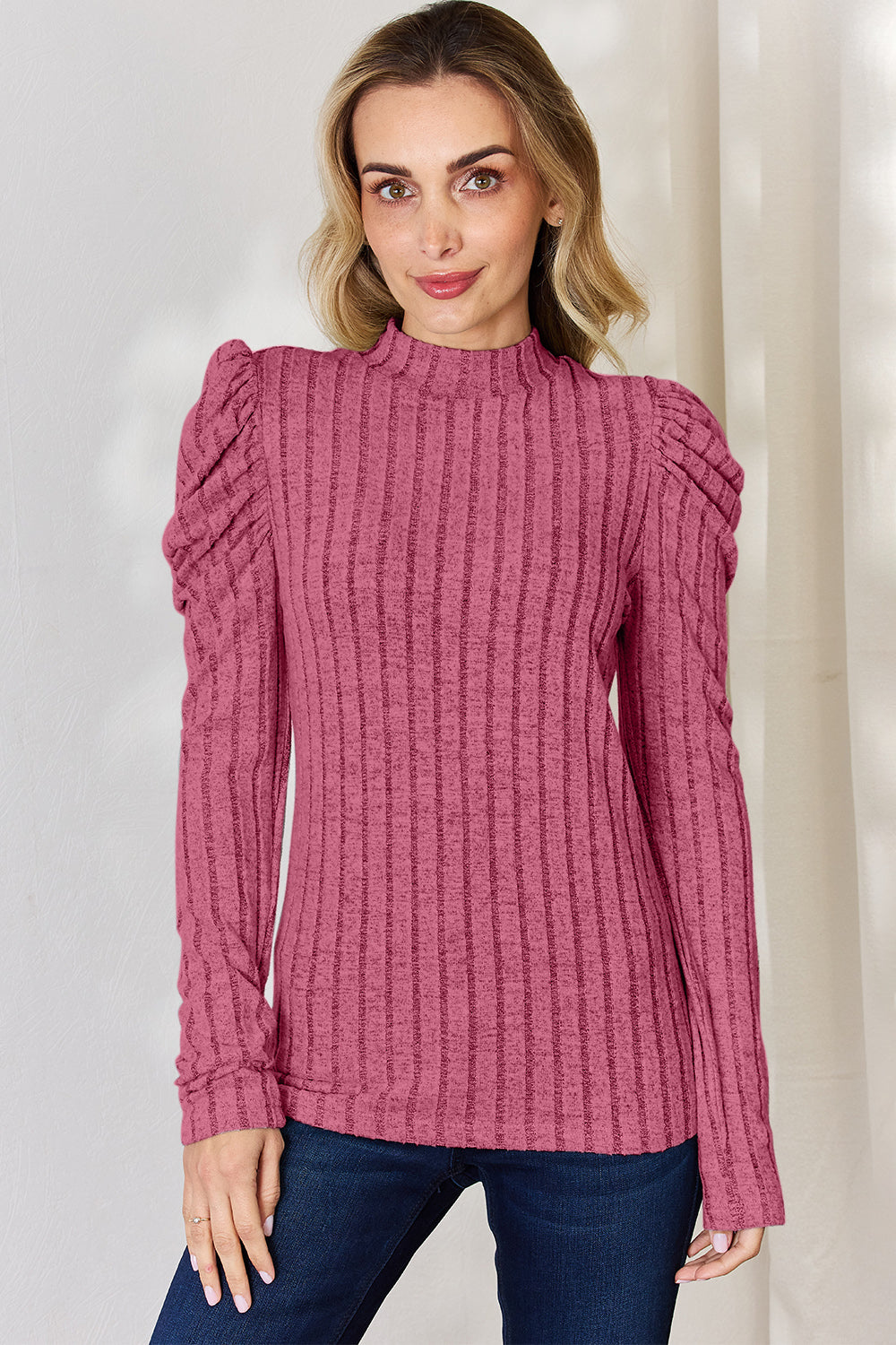 Blue Zone Planet | Basic Bae Full Size Ribbed Mock Neck Puff Sleeve T-Shirt BLUE ZONE PLANET