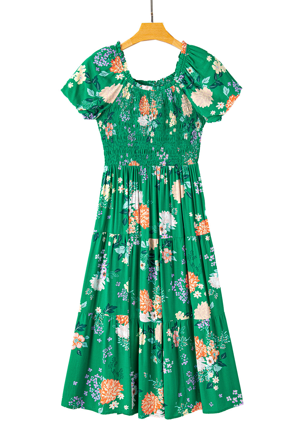 Blue Zone Planet | Green Floral Print Bubble Sleeve Smocked Tiered Midi Dress Blue Zone Planet
