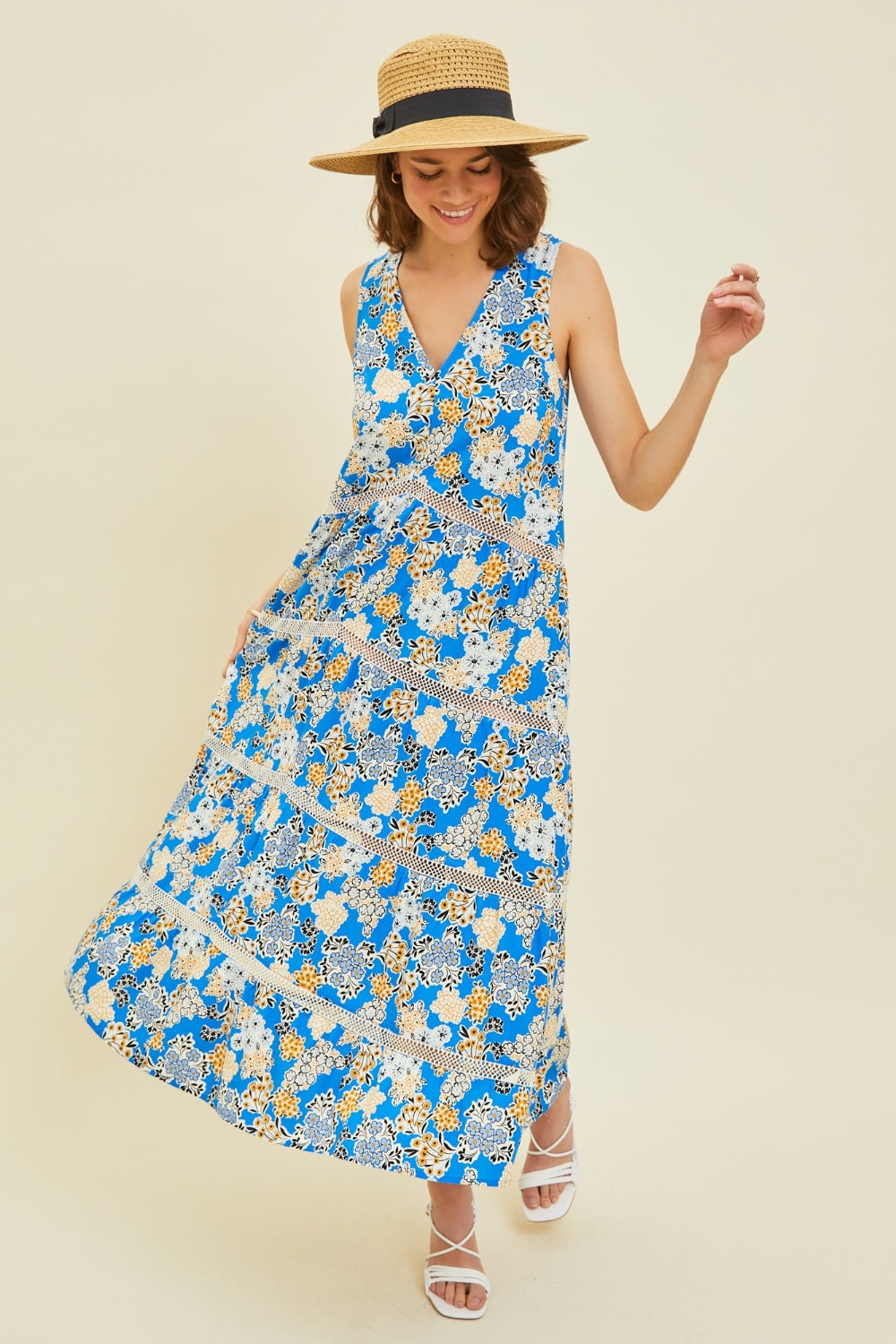 HEYSON Full Size Printed Crochet Trim Maxi Dress BLUE ZONE PLANET