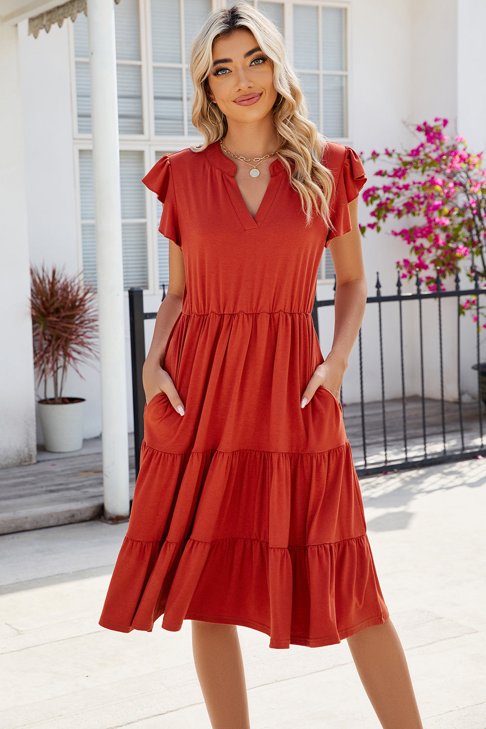 Ruched Notched Cap Sleeve Dress BLUE ZONE PLANET