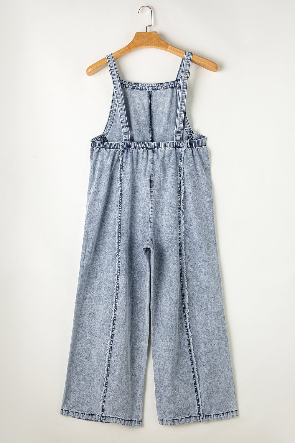 Beau Blue Light Wash Frayed Exposed Seam Wide Leg Denim Overall Blue Zone Planet