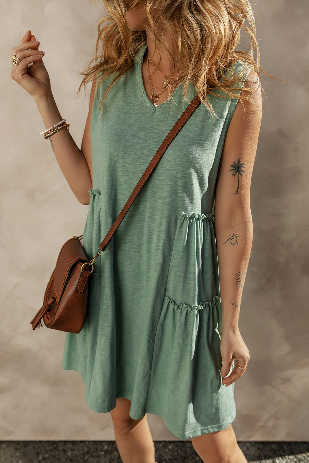 Blue Zone Planet | Moonlight Jade Split V Neck Tiered Flowy Sleeveless Dress Blue Zone Planet