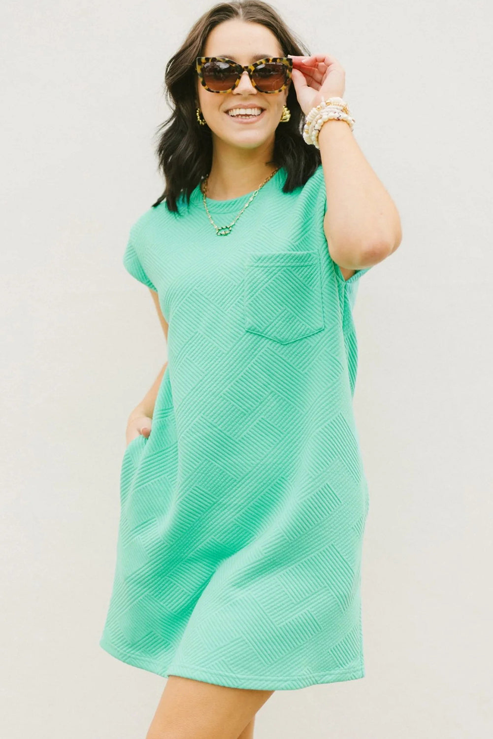 Blue Zone Planet | Mint Green Textured Cap Sleeve T Shirt Dress Blue Zone Planet