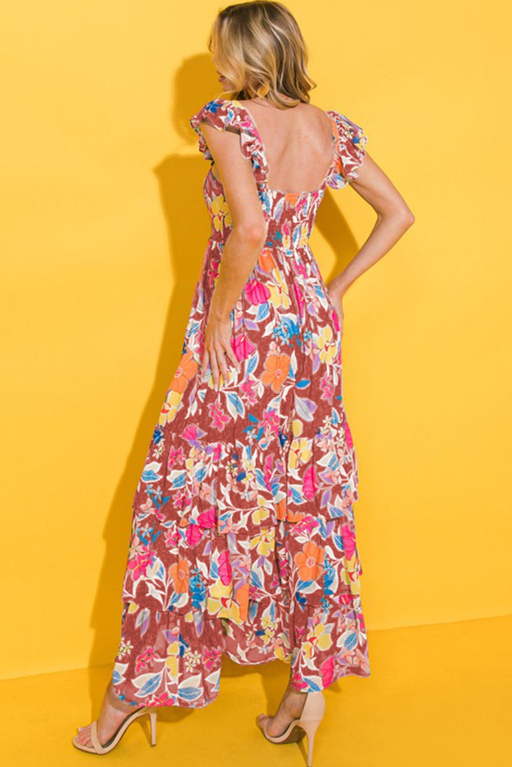 Pink Floral Print Sleeveless Ruffle Tiered Maxi Dress Blue Zone Planet