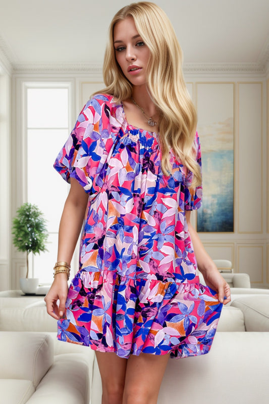 Blue Zone Planet |  Printed Square Neck Short Sleeve Mini Dress BLUE ZONE PLANET