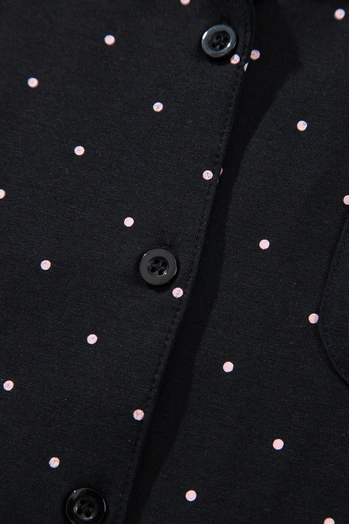 Black Polka Dot Long Sleeve Shirt Lace Detail Two Piece Pajama Pant Set