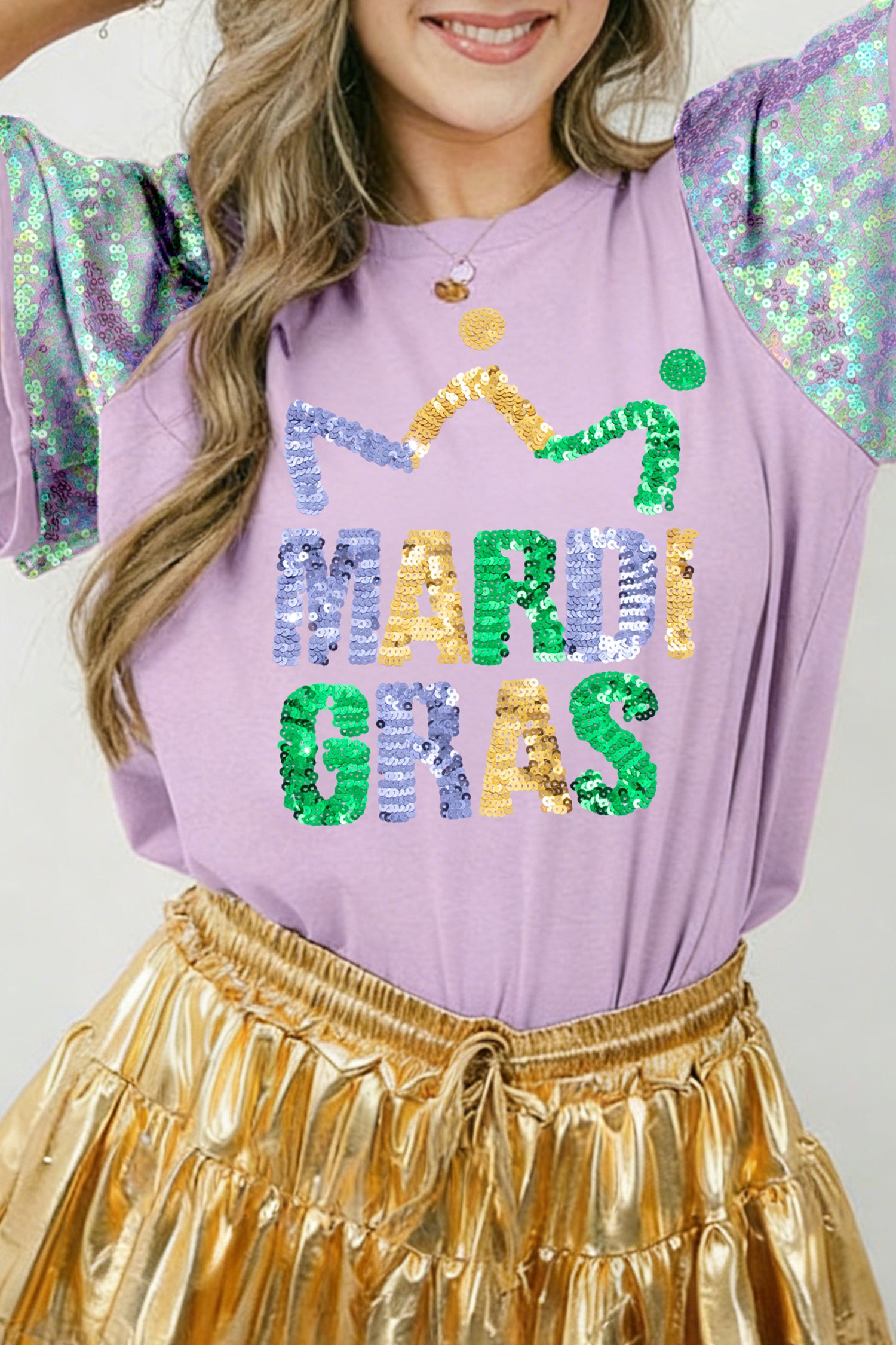 Orchid Petal Sequined Mardi Gras Graphic Patchwork T Shirt – Blue Zone  Planet