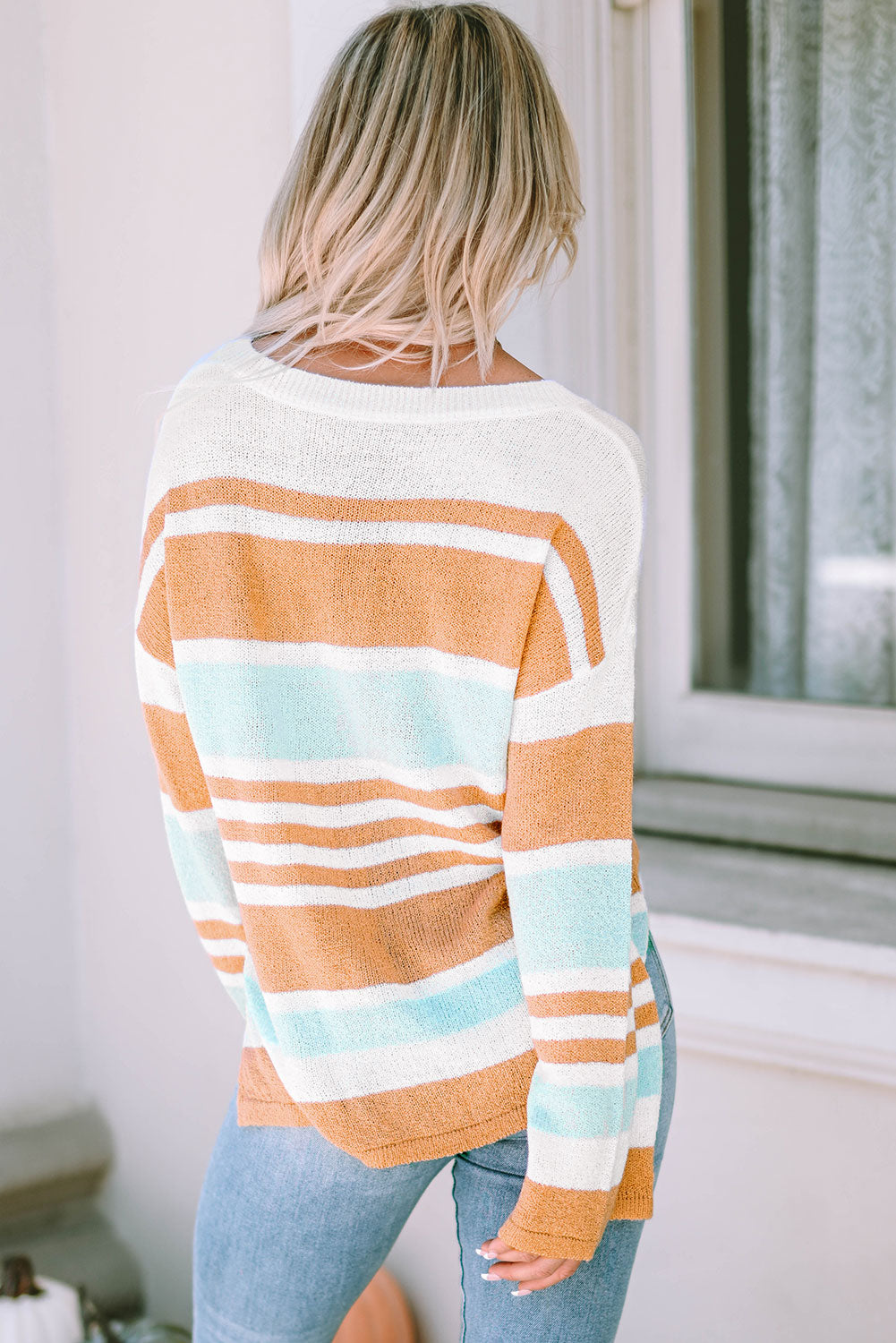 Multicolor Colorblock Stripe Long Sleeve Split Sweater Blue Zone Planet