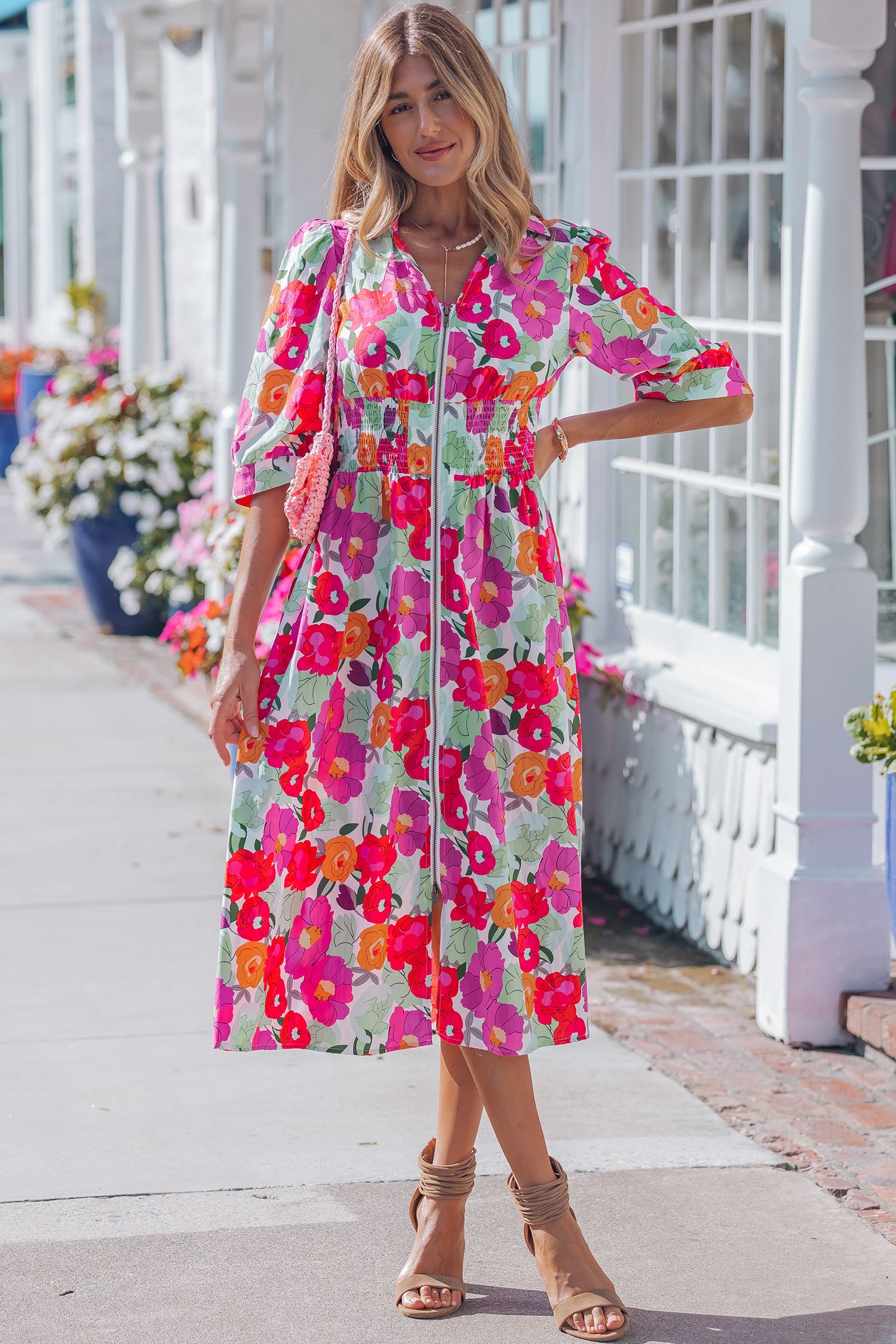 Rose Vibrant Floral Print V Neck Zip Up Puffy Half Sleeve Dress – Blue Zone Planet