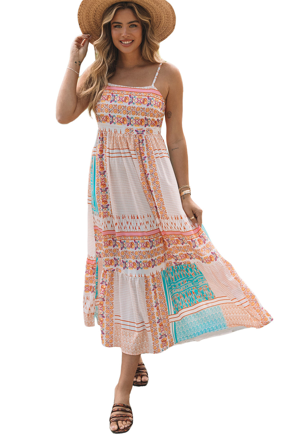 Anna's Multicolor Boho Patchwork Print Square Neck Sundress Blue Zone Planet
