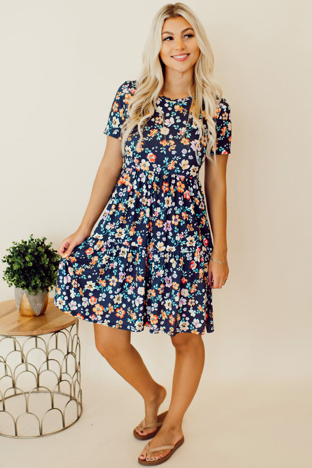 Blue Zone Planet | Blue Short Sleeve A-line Floral Dress Blue Zone Planet