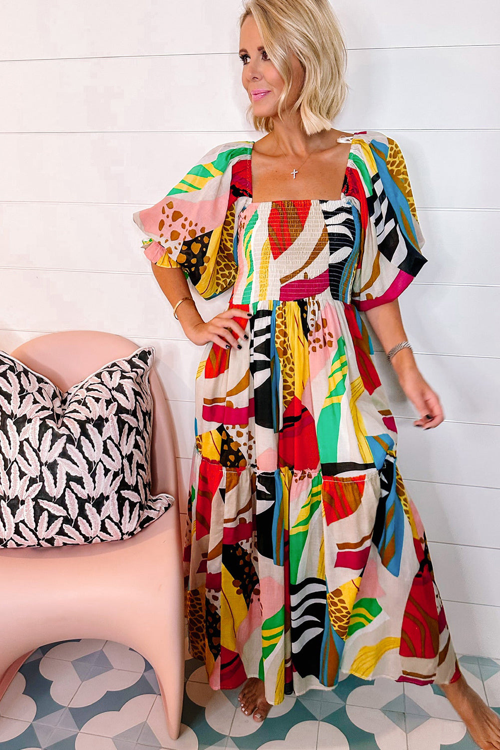 Blue Zone Planet | White Square Neck Smocked Abstract Print Boho Maxi Dress Blue Zone Planet