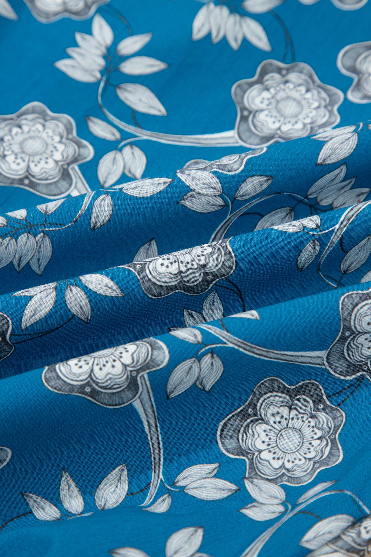 Blue Striped Trim Half Buttons Short Sleeve Floral Dress