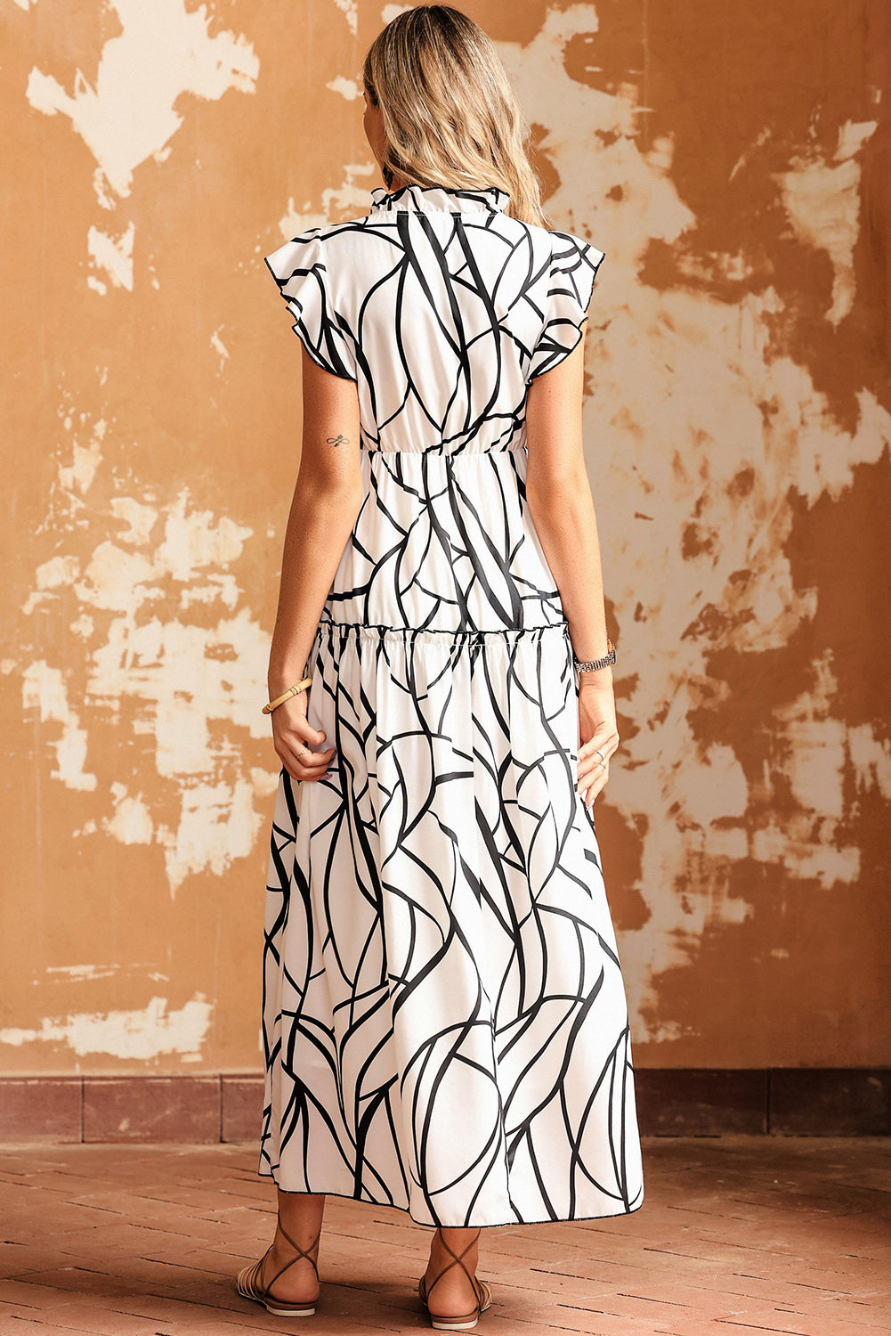 Blue Zone Planet | White Abstract Vein Print V Neck Ruffle Maxi Dress Blue Zone Planet