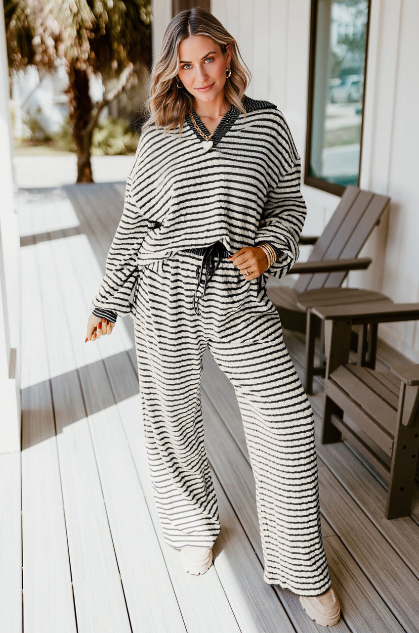 White Stripe Collared Pullover Top and Drawstring Pant Set