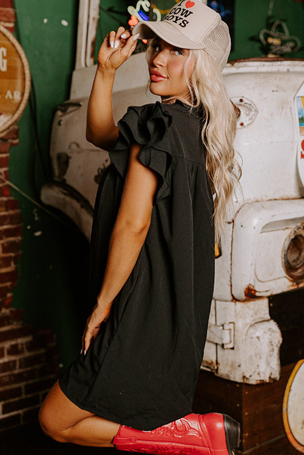 Blue Zone Planet | Black Ruffle Sleeve V Neck Frilled Shift Dress Blue Zone Planet