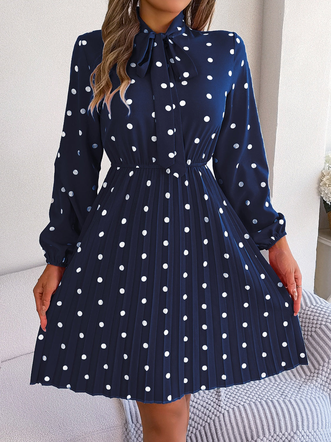 Polka Dot Tie Neck Pleated Dress BLUE ZONE PLANET