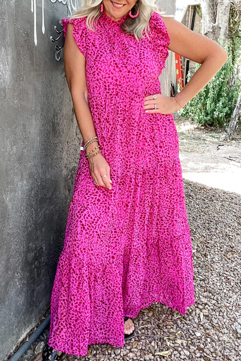 Blue Zone Planet | Rose Red Leopard Print Ruffled Trim Tiered Maxi Dress Blue Zone Planet