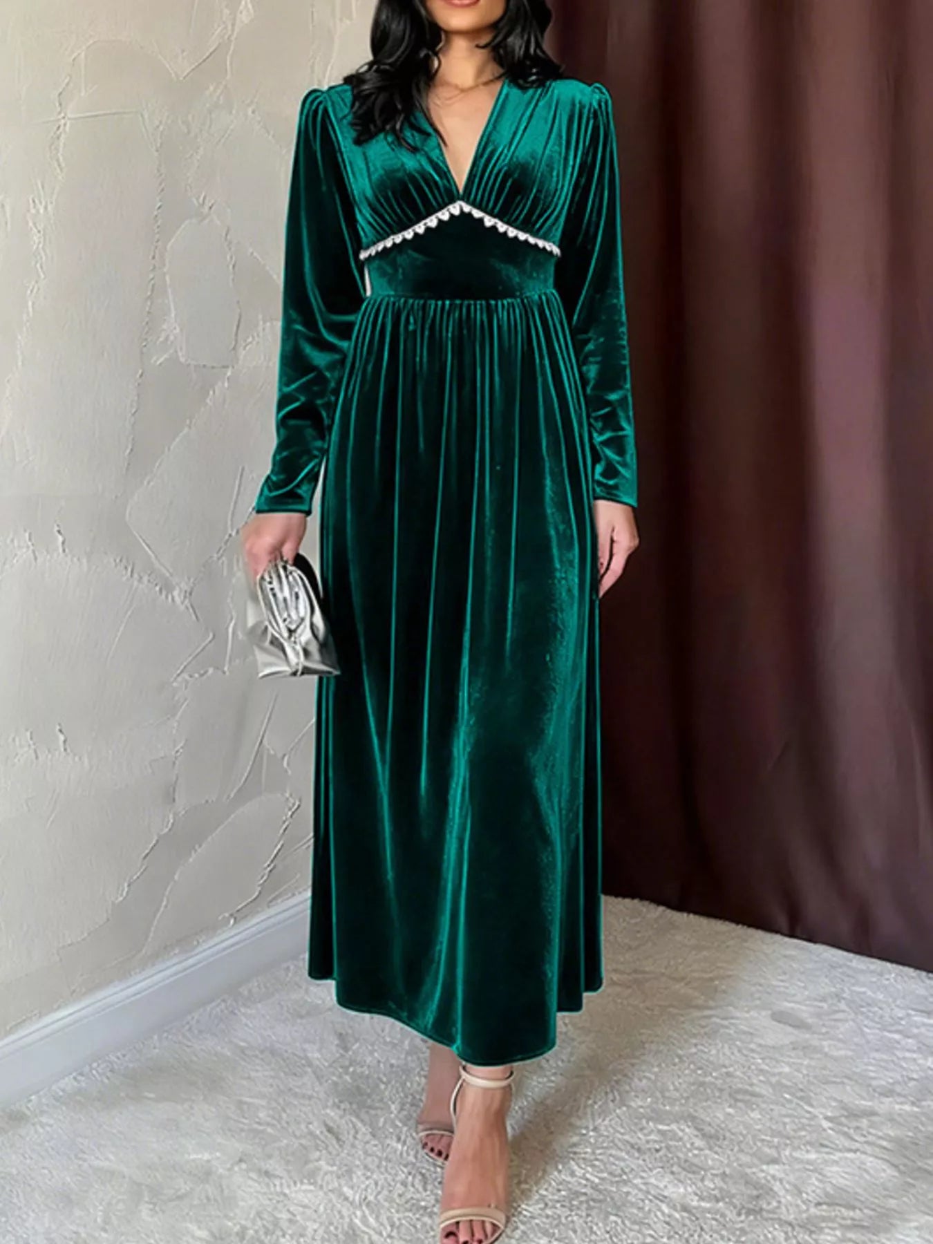 Women S Velvet Green Fall Winter Maxi Dress Pleated Dress Birthday Formal Regular Fit V Neck